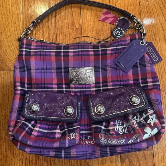 Coach Poppy Metallic Tartan Shoulder Handbag Purse - Picture 2 of 6